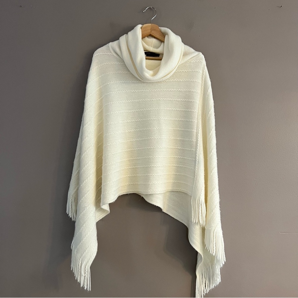 BCBGMAXAZRIA Womens Knit Cowl Neck Poncho Sweater Fringe Cream Sz L\XL